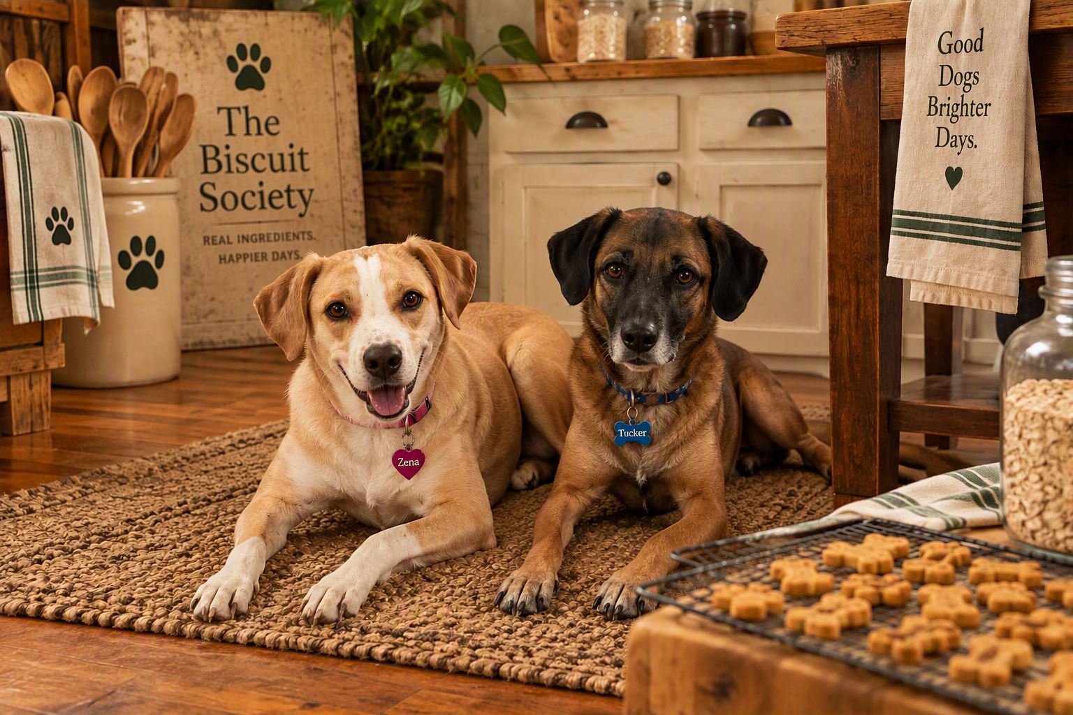 Zena and Tucker, The Biscuit Society taste testers, in the bakery kitchen