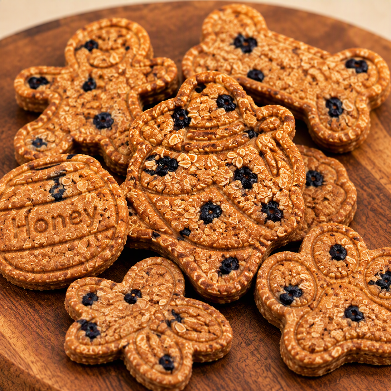 Blueberry Patch biscuits arranged on a round wooden board