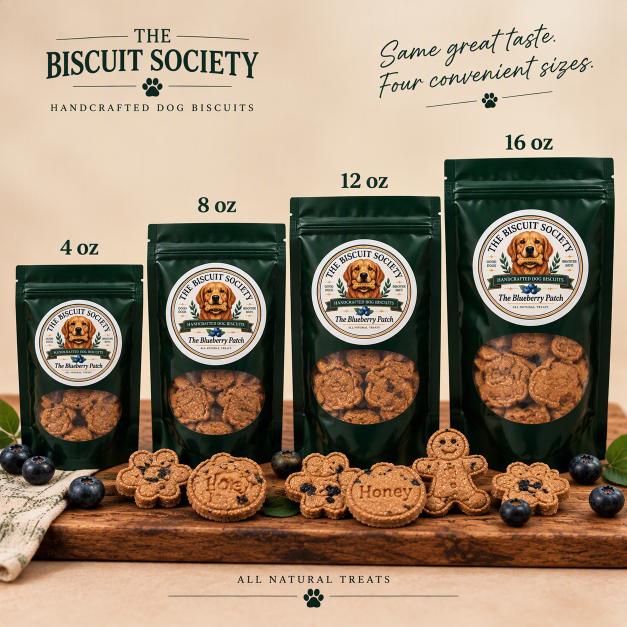 Blueberry Patch bags in all four sizes — 4 oz, 8 oz, 12 oz, and 16 oz