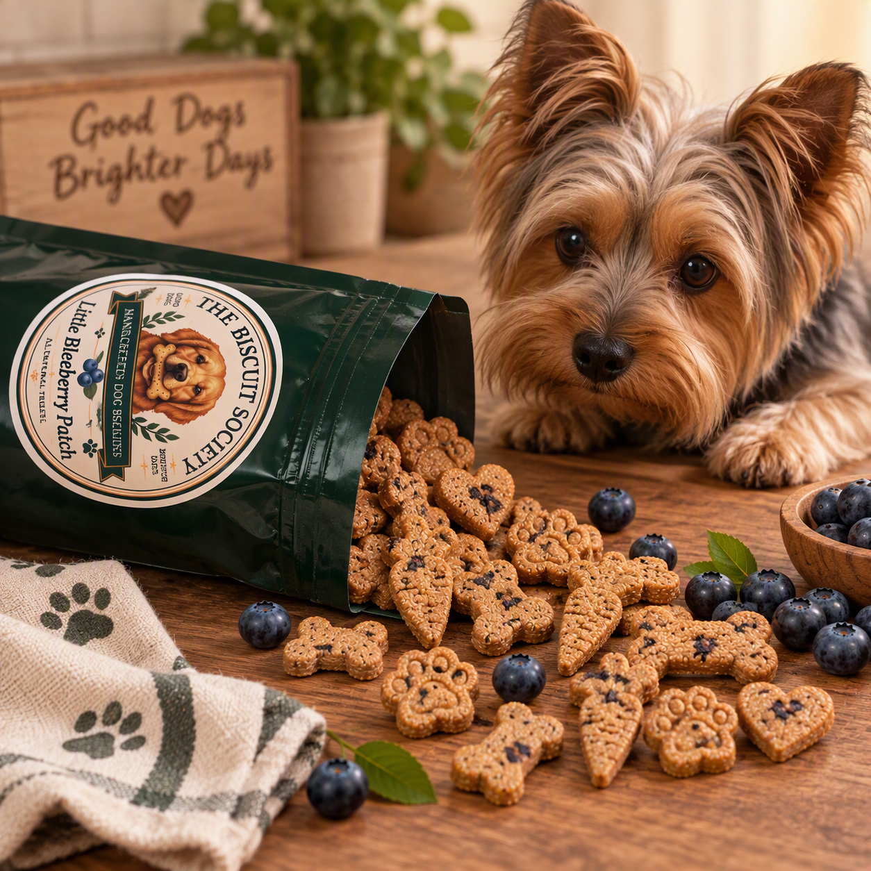 Yorkshire Terrier with spilled Little Blueberry Patch biscuits and fresh blueberries