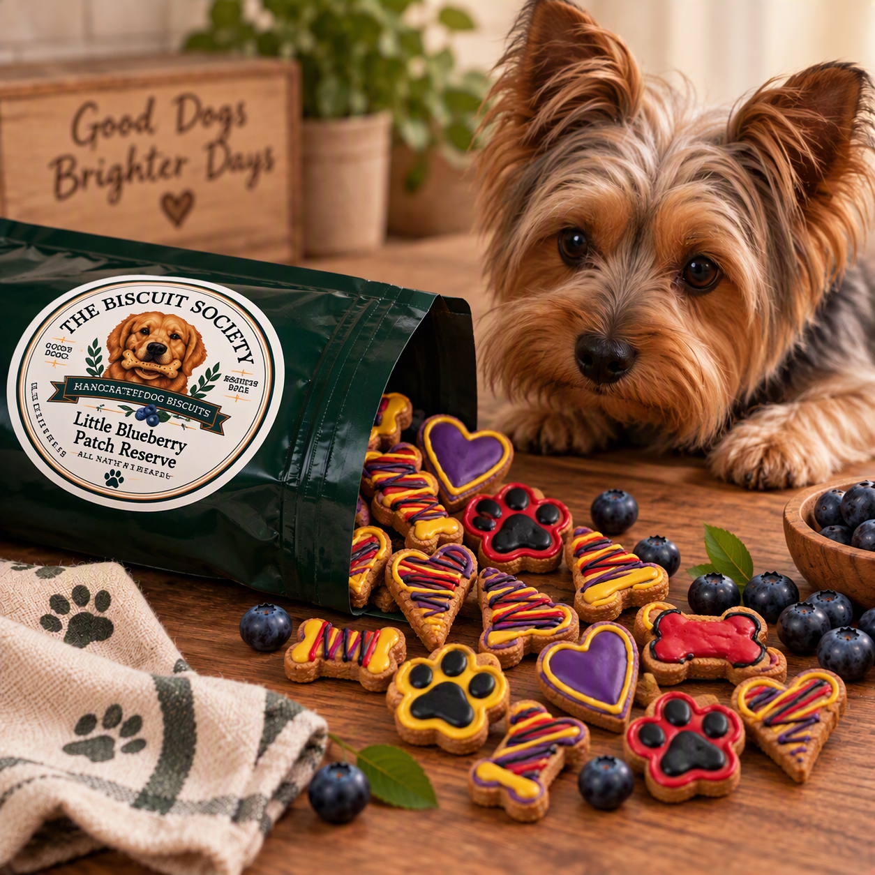 Small dog with Little Blueberry Patch Reserve coated biscuits spilled from packaging