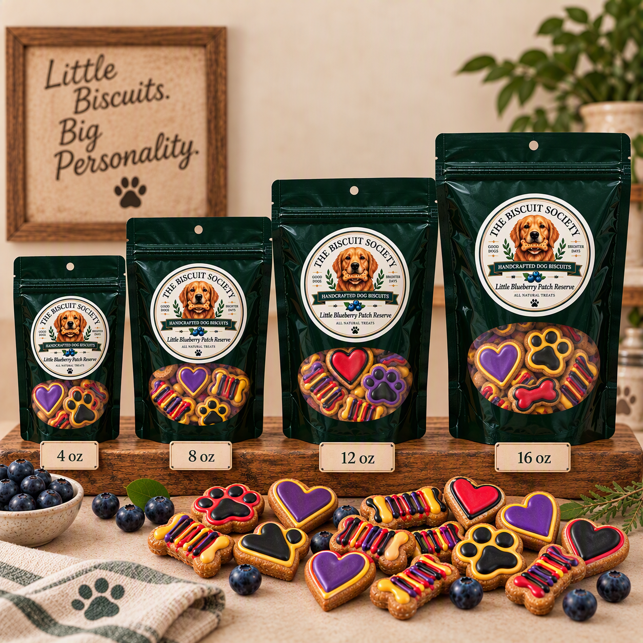 Little Blueberry Patch Reserve bags in all four sizes — 4 oz, 8 oz, 12 oz, and 16 oz