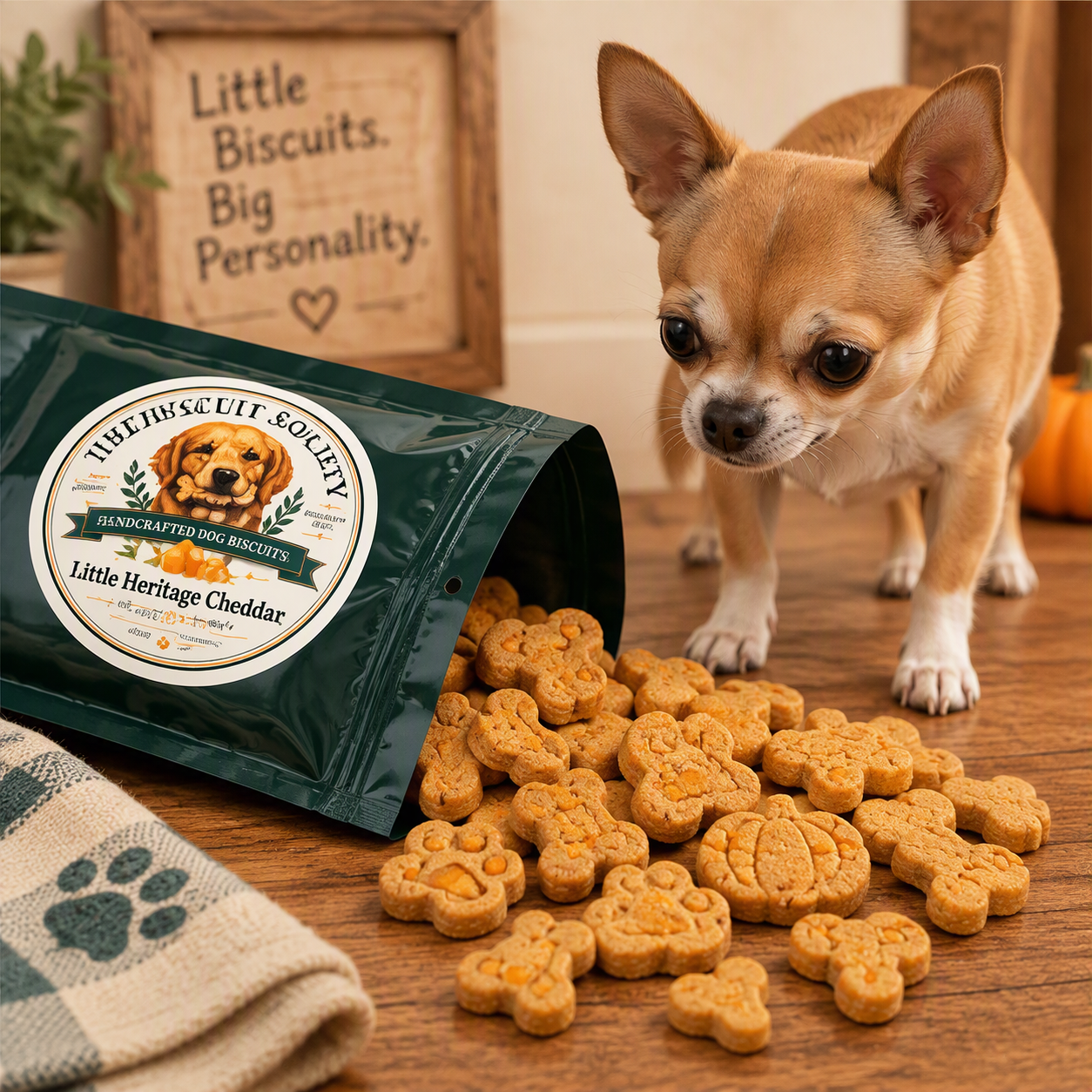 Yorkshire Terrier with spilled Little Heritage Cheddar biscuits with visible cheddar pieces on a wooden plate