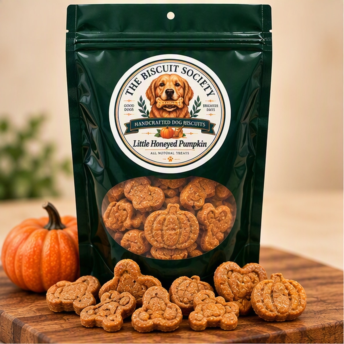 Little Honeyed Pumpkin handcrafted small dog biscuits with pumpkin and honey, displayed with dark green Biscuit Society packaging