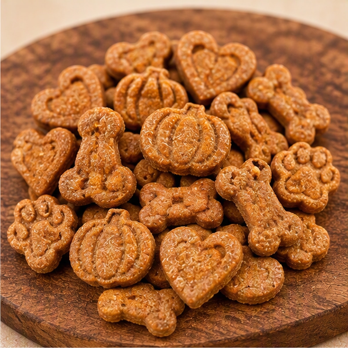 Little Honeyed Pumpkin biscuits — small pumpkin, bone, heart, and paw shapes on a wooden plate