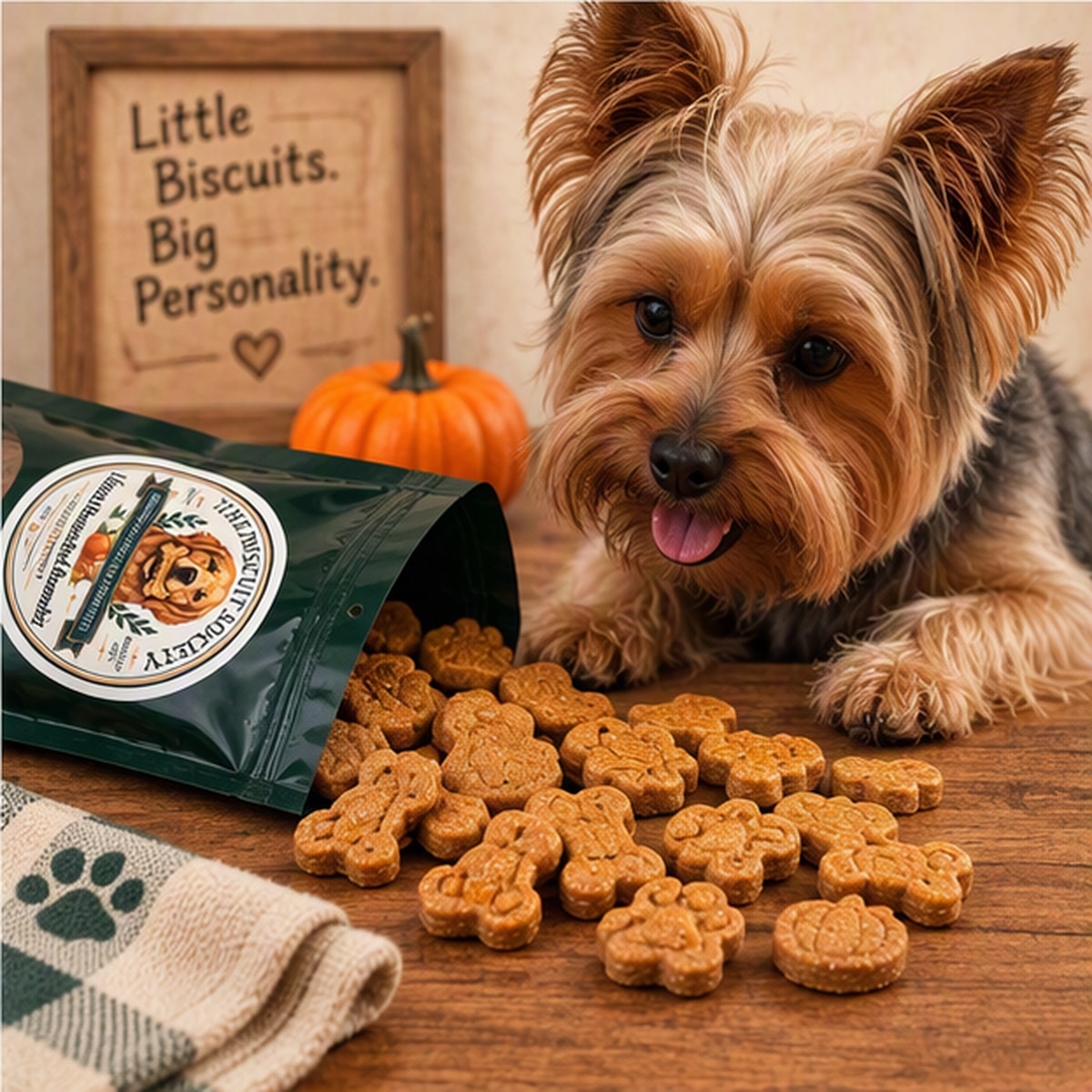 Yorkshire Terrier with spilled Little Honeyed Pumpkin biscuits and Biscuit Society packaging
