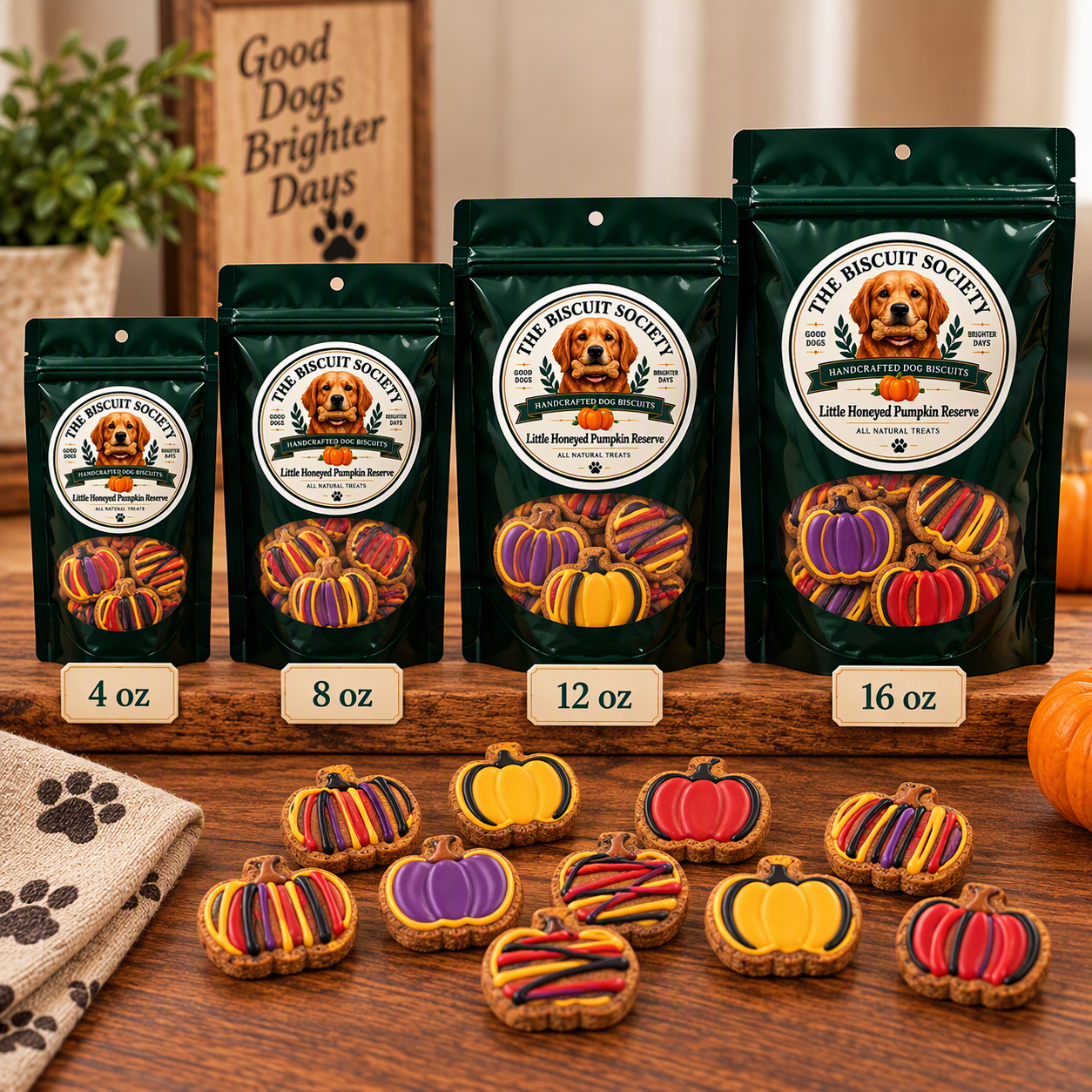 Little Honeyed Pumpkin Reserve bags in all four sizes — 4 oz, 8 oz, 12 oz, and 16 oz