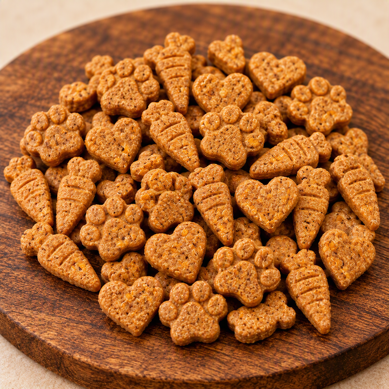 Little Nutter Barker biscuits in paw, heart, and carrot shapes on a wooden plate