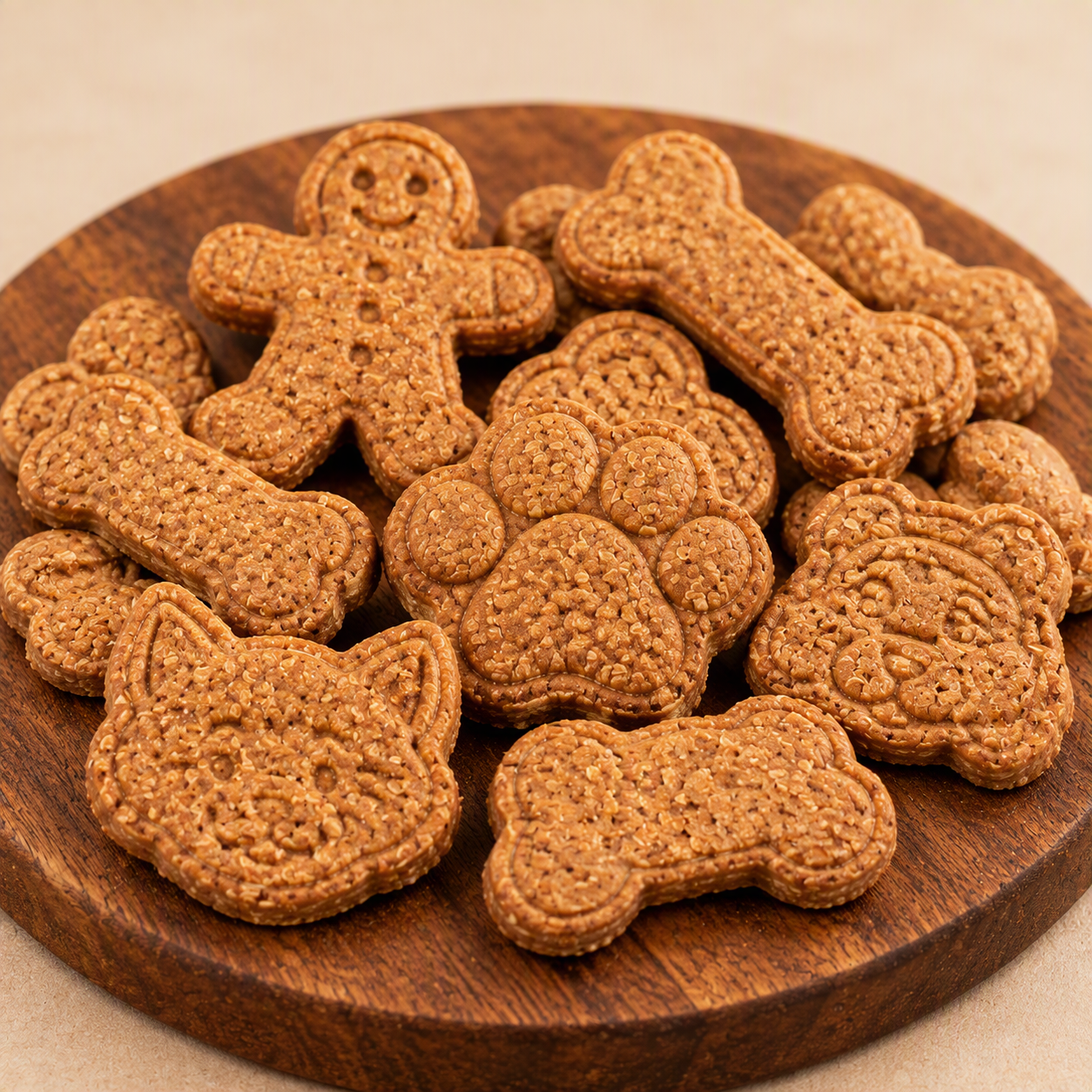 Assorted Nutter Barker dog-shaped biscuits piled on a round wooden plate